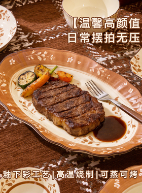 复古花边陶瓷盘子椭圆形植物花卉图案高温烧制可蒸可烤家用餐盘