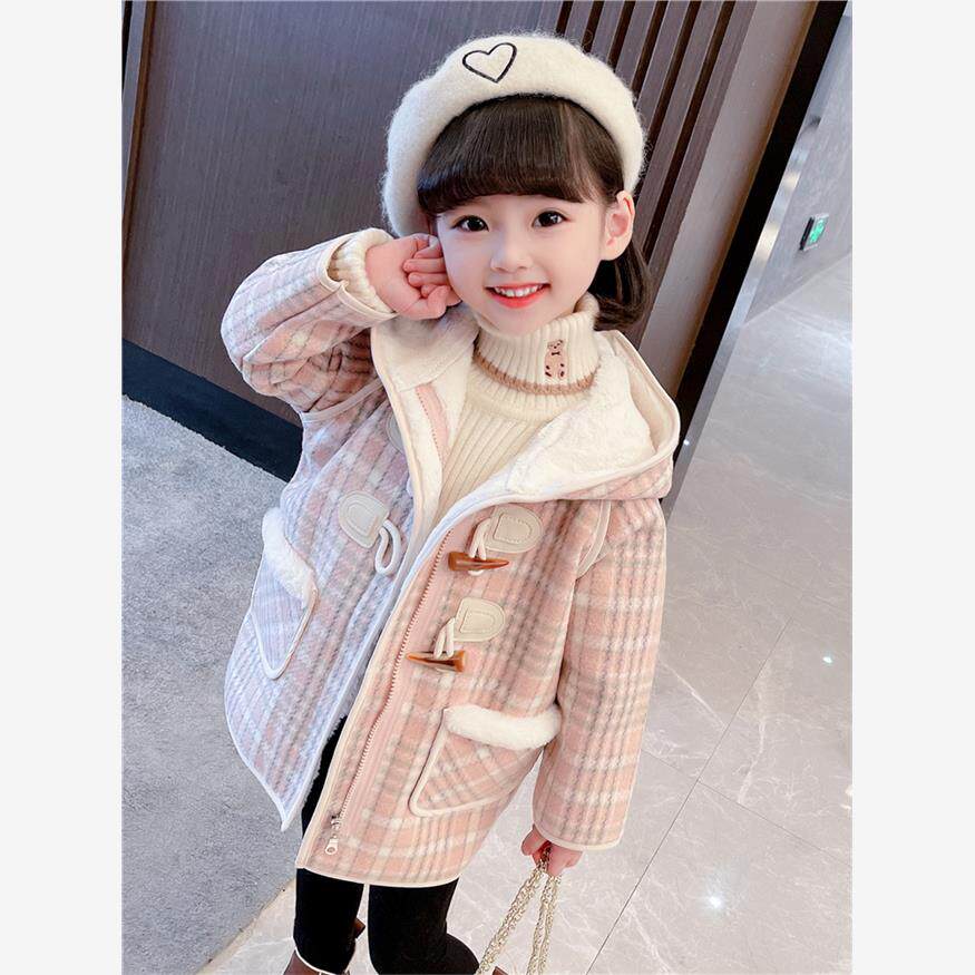 童装女童秋冬季外套加绒格子大衣 新款洋气女孩韩版冬款宝贝棉衣