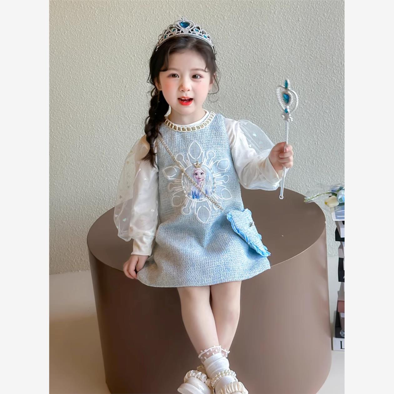 女宝宝秋季长袖艾莎背心裙套装冰雪奇缘小童爱莎连衣裙两件套4岁5