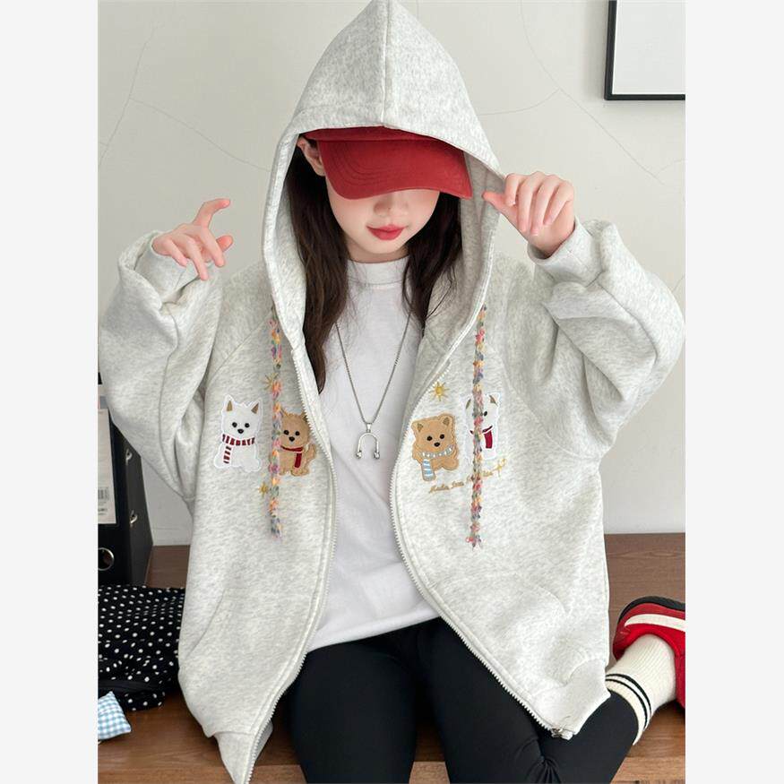 春秋季可爱小狗连帽外套韩版小女孩卡通开衫百搭时髦外穿长袖卫衣