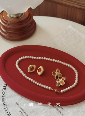 创意复古戒指托盘饰品盒首饰盒木质首饰收纳布艺红色拍照道具