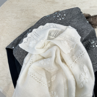 “甜心教主”韩系手工钩花镂空100羊毛针织衫宽松软糯翻领毛衣春