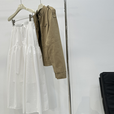 法式白色拼接a字半身裙春夏松紧腰遮胯显瘦气质高腰棉质长款伞裙