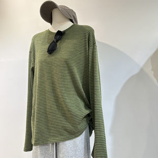 T恤女宽松百搭休闲圆领上衣打底衫 春季 慵懒松弛感绿色细条纹长袖