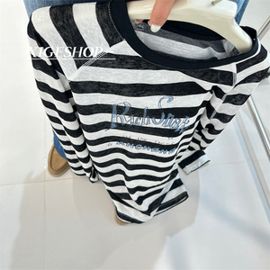 亚麻质感慵懒条纹印花字母T恤女显瘦百搭韩系宽松长袖防晒体恤夏