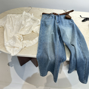 复古蓝色加绒牛仔裤女冬2025新款高腰显瘦百搭宽松加厚阔腿九分裤