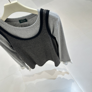 敲好看撞色条纹背心女叠搭外穿显瘦休闲U领复古无袖 上衣打底春夏