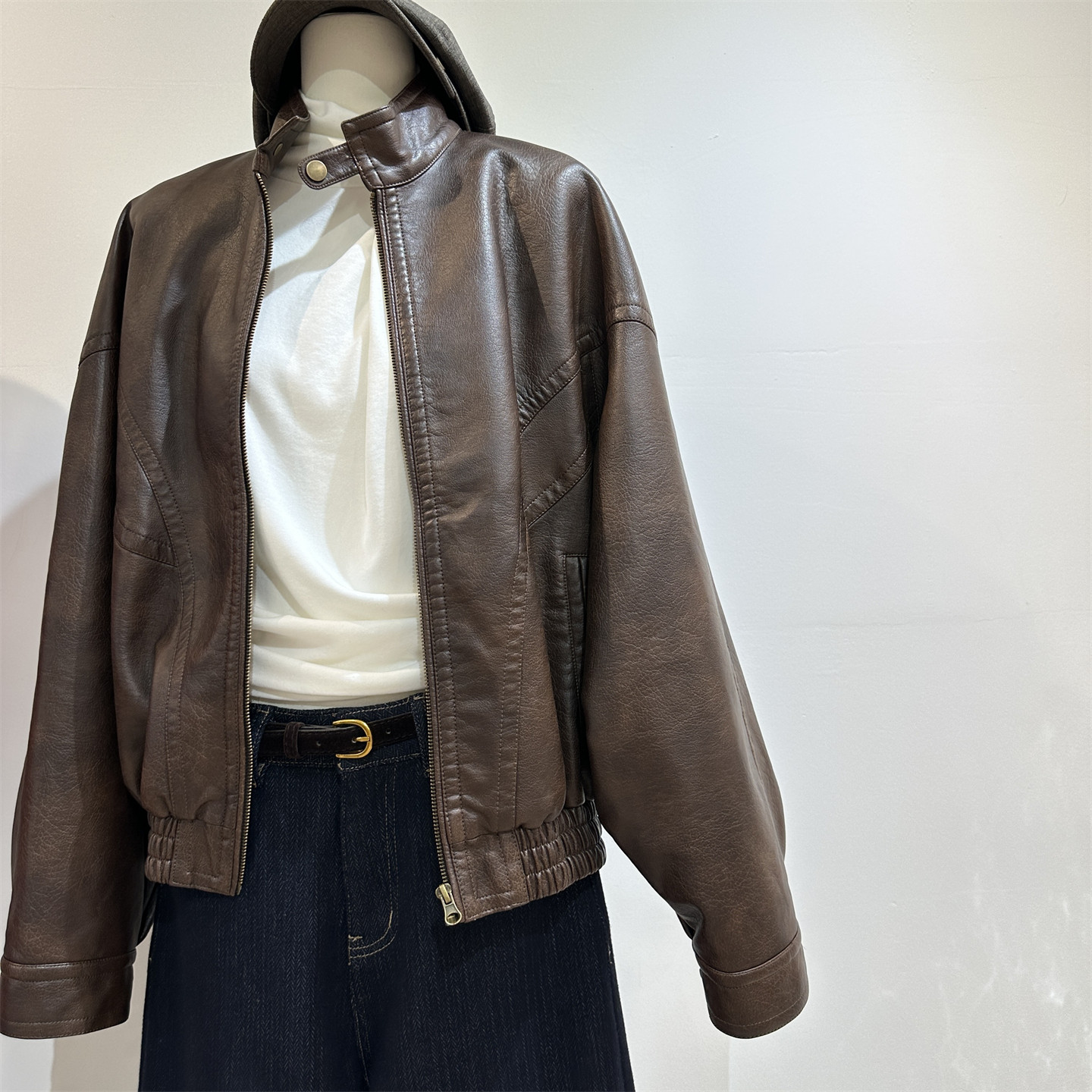 复古做旧纹理感皮衣外套女加厚宽松拼接设计质感小立领夹克上衣秋