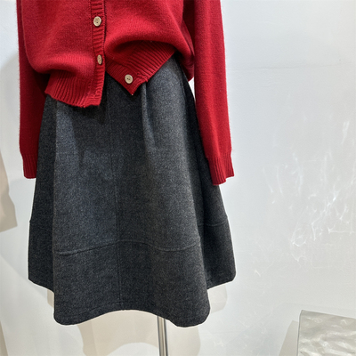 灰色拼接m*iu系花苞西装毛呢半身裙女秋冬显瘦梨形伯克利裙子中裙