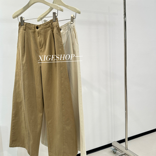 卡其色立体剪裁拼接设计阔腿休闲裤 秋 女高腰显瘦纯棉挺括直筒长裤