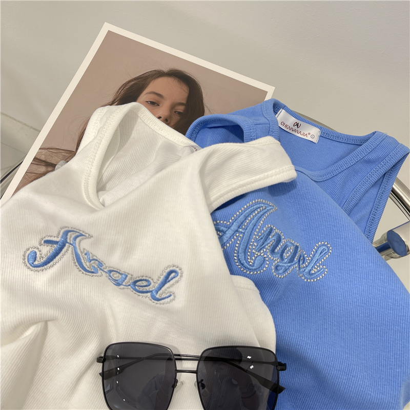 重工银线蓝色字母刺绣背心女2021夏百搭外穿工字上衣内搭无袖短T