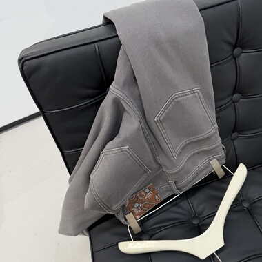 “修饰腿型shen裤”水泥灰白色加绒解构弯刀牛仔裤高腰阔腿休闲裤