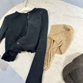 韩国灰色木耳边磨毛开衫 短外套女秋设计感加厚系扣内搭上衣T恤