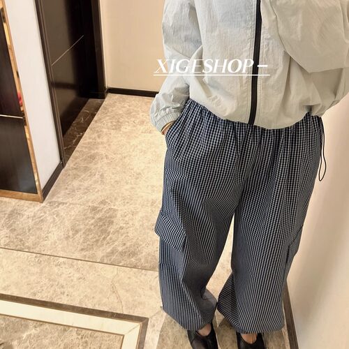 蓝色小格子裤口系带工装休闲裤女春夏街头风宽松直筒格纹阔腿裤潮