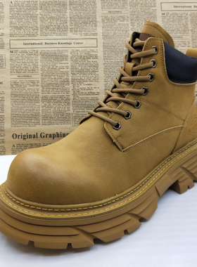 42码孤品真皮头层牛皮厚底休闲马丁靴圆头百搭上线工装靴黄色男靴