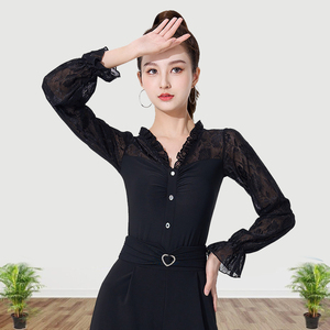新款摩登舞长袖上衣女拉丁舞交谊舞国标舞成人比赛练习舞蹈服装女