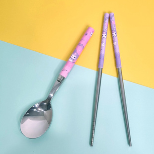 库洛米儿童不锈钢餐具 勺子筷子2件套 卡通形象 3岁以上