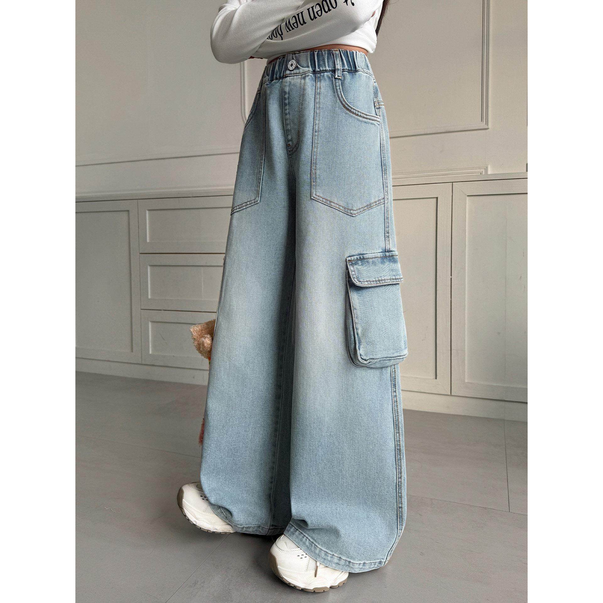 新款女童儿童洋气裤腿工装裤2026春秋宽松时髦百搭阔中大童牛仔裤