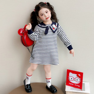 学院女宝条纹好看连衣裙春秋领海军超儿童风款女童2026春秋装裙子