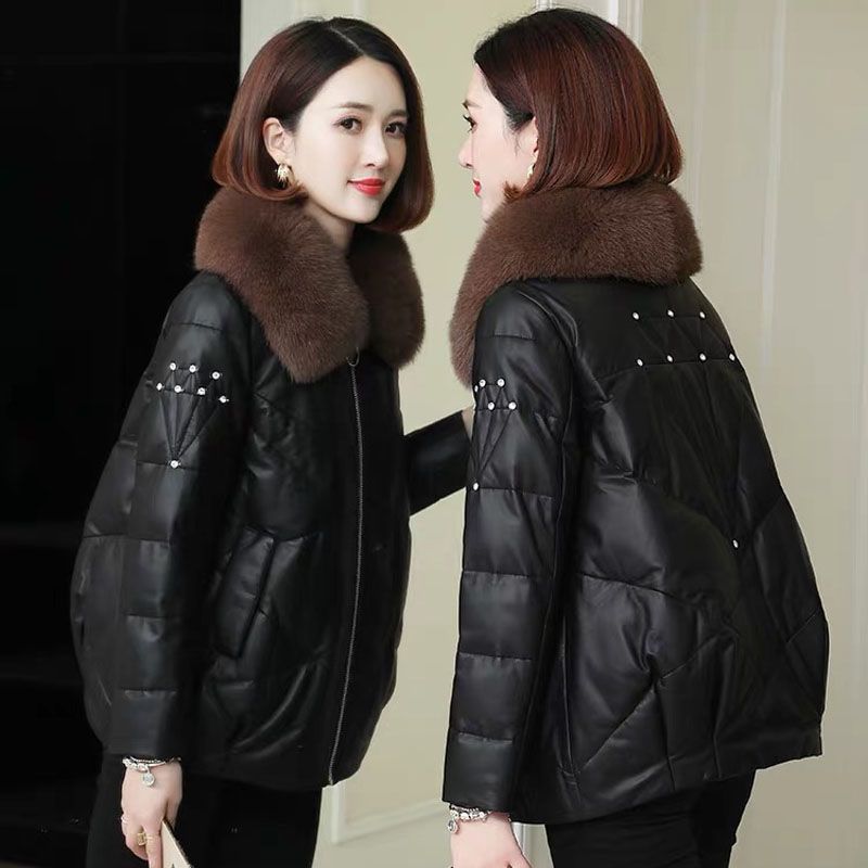 狐狸毛领白鸭绒真皮皮衣女2025新款海宁绵羊皮羽绒服外套短款上衣