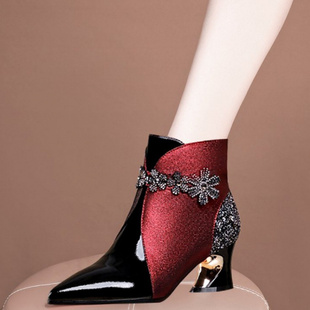 百搭尖头单靴妈妈皮靴粗跟拼色马丁靴 短靴女秋冬季 女鞋 2022新款