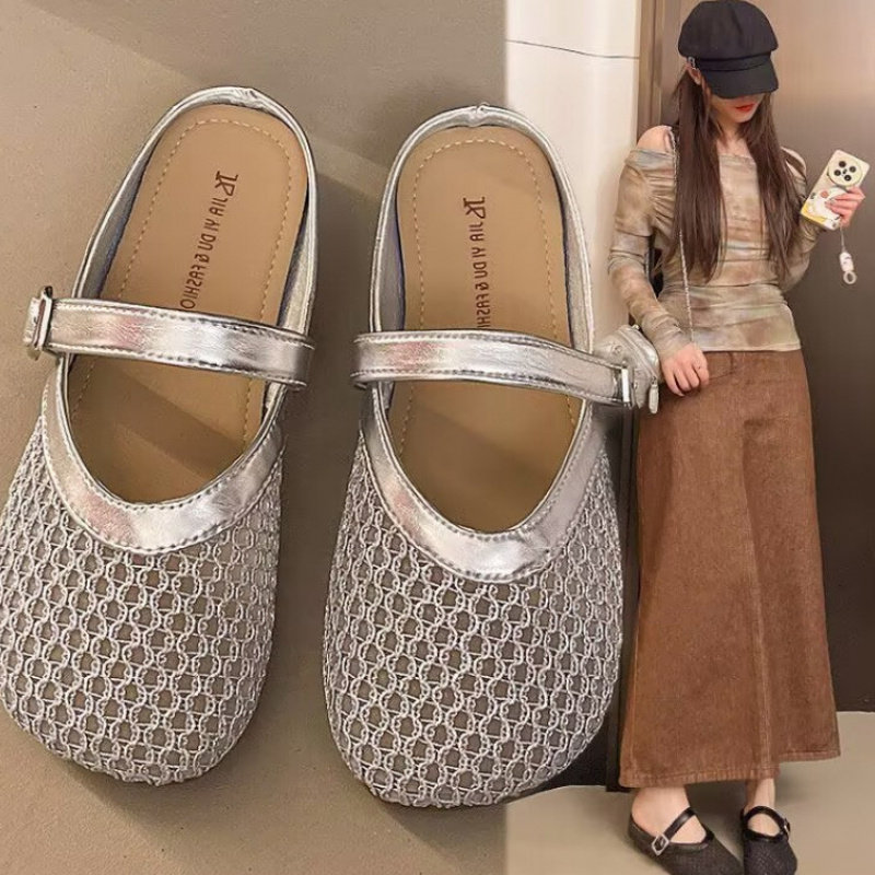 镂空包头半拖鞋女2025夏季新款皮带扣舒适百搭气质女士平底凉拖鞋