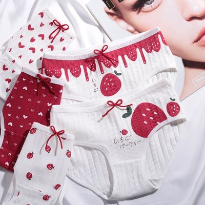 女士内裤女纯棉裆透气少女生红色可爱日系中腰大码全棉裆三角短裤