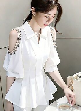 法式小资白色露肩衬衫女2026夏季轻奢高级感独特漂亮百搭掐腰上衣