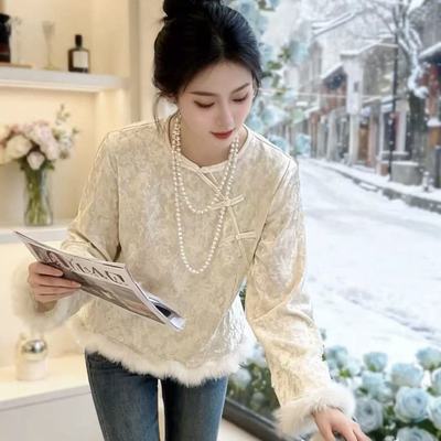 新中式国风打底衫斜肩盘扣女款长袖收腰显瘦上衣秋冬提花百搭小衫