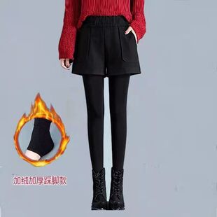 秋冬大码女士加绒加厚假两件打底裤外穿黑色踩脚长裤显瘦毛呢裙裤