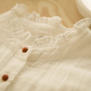 兜圈 纯棉纱棉立领木耳边衬衫纯色打底百搭减龄叠穿白衬衣女甜美