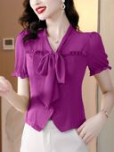 女夏2025年新款 小衫 洋气减龄短袖 短款 上衣时尚 紫色小香风雪纺衬衫