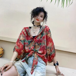 碎花休闲上衣女士短袖衬衣2024夏季印花轻薄透气防晒连帽中袖衬衫