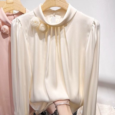 高级感立领花朵缎面衬衣宽松百搭夏季薄款长袖小衫减龄时尚上衣女