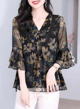 黑色碎花雪纺衫女大码蕾丝上衣夏季新款衬衫宽松漂亮小衫时尚好看
