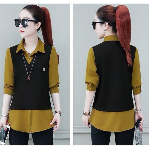 秋季新款妈妈装大码假两件衬衫女百搭显瘦POLO领时尚洋气打底衫