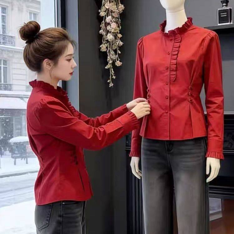 复古高级感红色木耳边立领衬衫女2025秋冬褶皱收腰巨好看内搭上衣,女装/女士精品,衬衫,淘宝优惠券,粉丝福利购,淘宝优惠卷