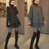 韩系黑色蕾丝花边拼接亮闪闪上衣大码 别致独特超好看高领打底衫