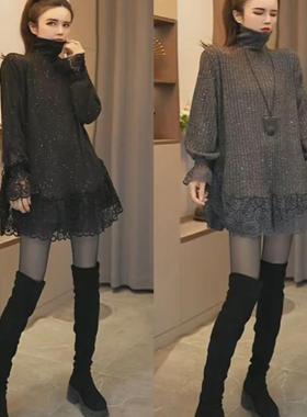 韩系黑色蕾丝花边拼接亮闪闪上衣大码别致独特超好看高领打底衫