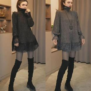 韩系黑色蕾丝花边拼接亮闪闪上衣大码别致独特超好看高领打底衫