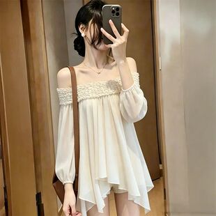 法式温柔风减龄一字肩雪纺衫女2026夏季中长款荷叶边露肩褶皱上衣