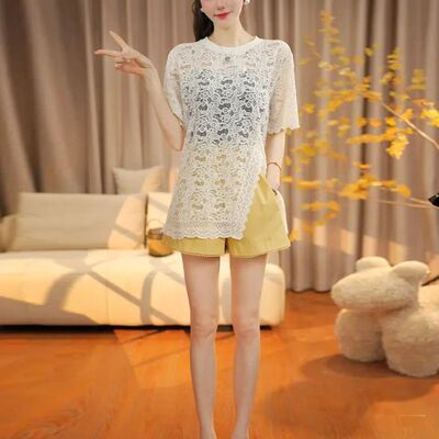 设计感镂空蕾丝短袖t恤女2025年夏季新款宽松显瘦开叉罩衫上衣潮
