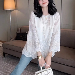 欧货气质蕾丝衬衫 设计感洋气镂空圆领宽松显瘦上衣 女2025春夏新款