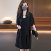 显瘦吊带裙两件套女 高级感黑色中长款 大码 雪纺衬衫 女装 连衣裙套装