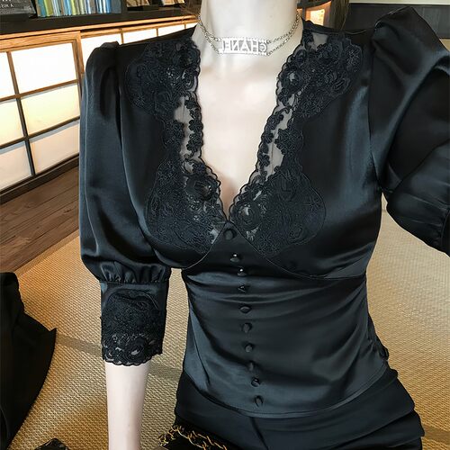 醋酸泡泡袖收腰蕾丝上衣法式宫廷风衬衫缎面衬衣气质小衫御姐性感