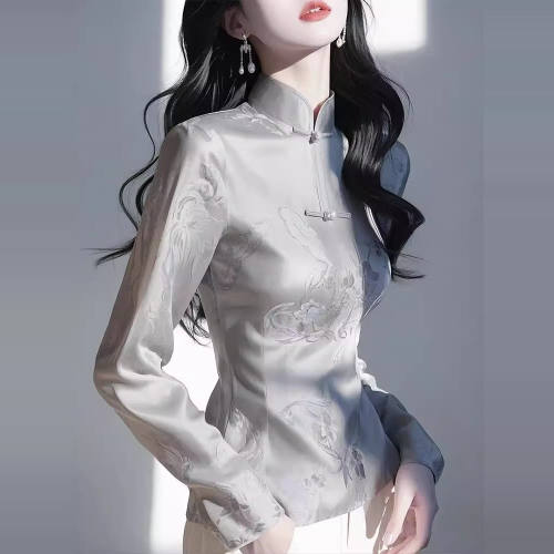 新中式高端国风灰色印花衬衫女2025早春收腰衬衣复古盘扣长袖上衣