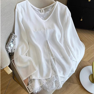 广州十三行女装~若隐若现~纯欲蕾丝拼接上衣夏季雪纺防晒衬衫罩衫