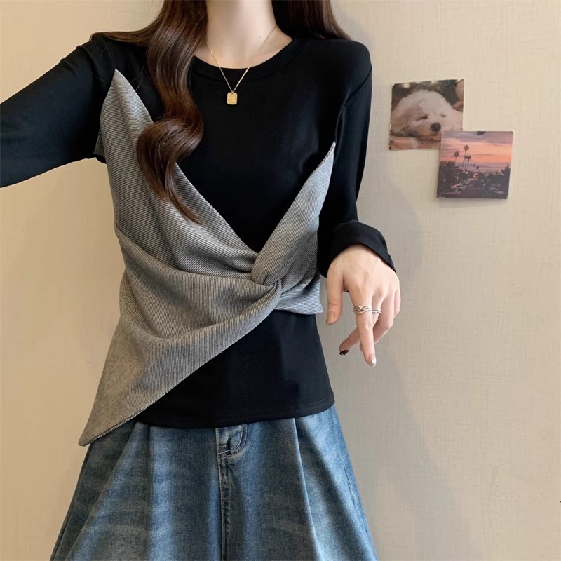 假两件独特别致长袖t恤女秋冬微胖m大码设计感不规则修身显瘦上衣