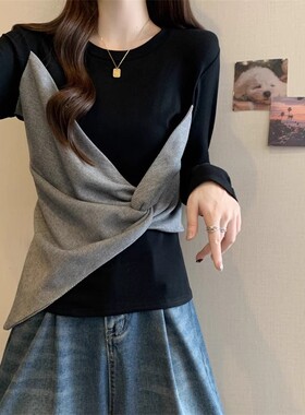 假两件独特别致长袖t恤女秋冬微胖m大码设计感不规则修身显瘦上衣