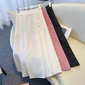 新中式 百褶裙高腰垂感粉色a字中长裙子 国风提花半身裙女春秋新款